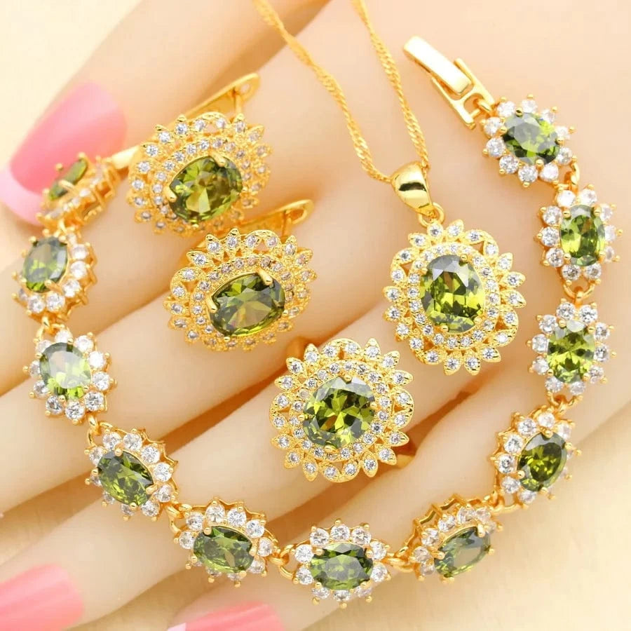 Luxury zircon jewelry 18k Gold Jewelry Sets for Women Earrings Necklace Pendant Ring Bracelet Wedding Gift