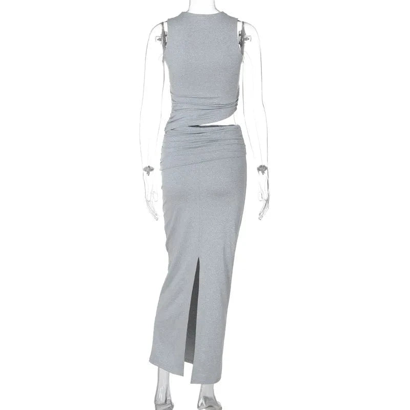 Lygens 5552 Solid O Neck Sleeveless Crop Top Long Slit Skirt Two Piece Set Summer 2024 Streetwear Wholesale Casual Clothing