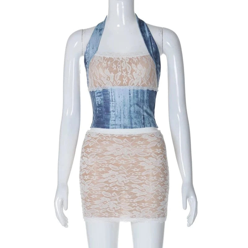 Lygens 5605 Halter Lace Slim See Through Highwaist Crop Top Mini Skirt Women'S Sets Elegant Evening Party Casual Cummer Clothes