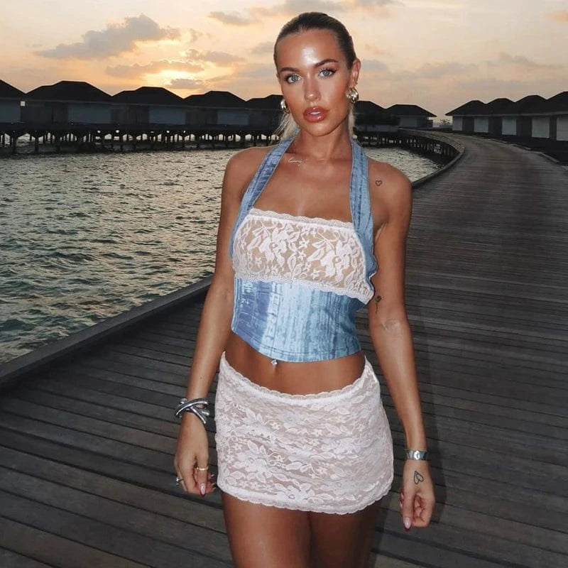 Lygens 5605 Halter Lace Slim See Through Highwaist Crop Top Mini Skirt Women'S Sets Elegant Evening Party Casual Cummer Clothes