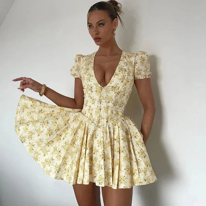 Lygens 5725 Floral Print V Neck Puff Sleeve Lace Up Back Mini Short Dress 2024 Summer Vacation Y2K Streetwear Casual Clotheas