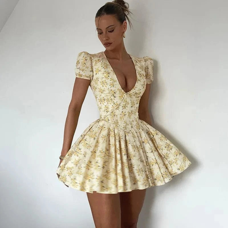 Lygens 5725 Floral Print V Neck Puff Sleeve Lace Up Back Mini Short Dress 2024 Summer Vacation Y2K Streetwear Casual Clotheas