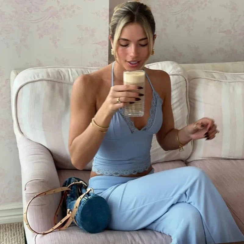 Lygens 5797 Lace Halter Camis Crop Top Long Pants Women'S Sets Y2K Streetwear Fashion Summer Outfits 2024 Casual Clothes