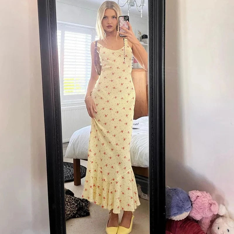 Lygens 5908 Floral Print Sleeveless Ruffles Bodycon Mermaid Women'Sd Dresses Summer Vacation Fashion Party Casual Clothes