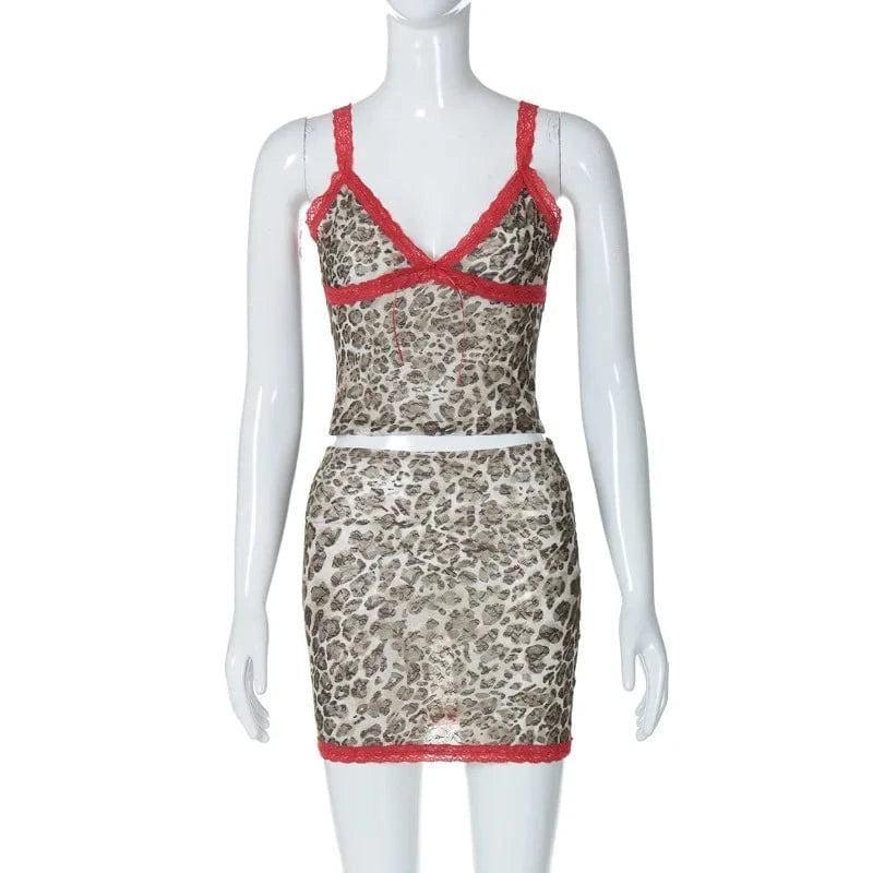 Lygens 5958 Leopard Print Lace Spliced Cami Crop Top Mini Short Skirt Women'S Sets Summer Y2K Streetwear Sexy Casual Outfits