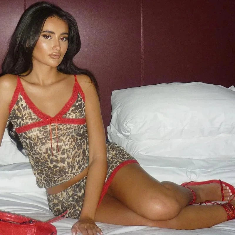 Lygens 5958 Leopard Print Lace Spliced Cami Crop Top Mini Short Skirt Women'S Sets Summer Y2K Streetwear Sexy Casual Outfits