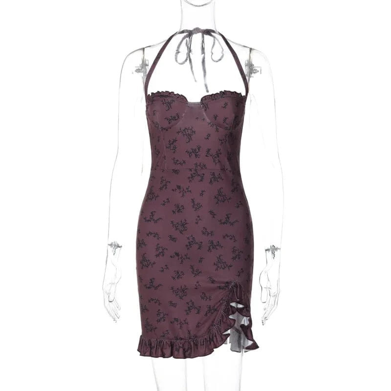 Lygens 6079 Floral Print Halter Lace Up Slit Ruffles Short Dresses Summer Elegant Evening Party Casual Clothes Casual Outfit