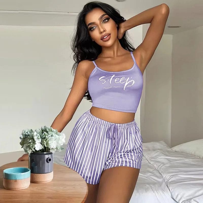 M / 08# purple New suspender pajamas women's drawstring shorts suit letter stripe printed ladies' home clothes can be worn outside