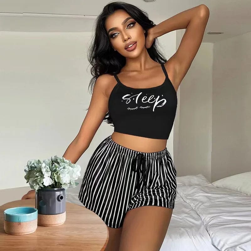 M / 09 black New suspender pajamas women's drawstring shorts suit letter stripe printed ladies' home clothes can be worn outside