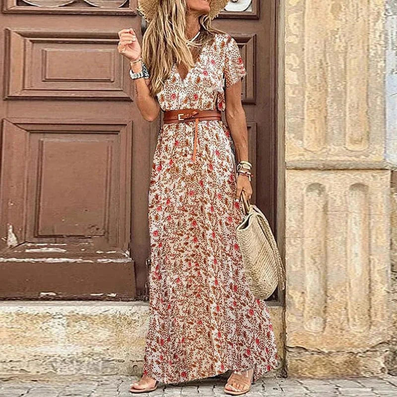 M / 1 2024 Spring and Summer Explosion Bohemian Printed V-Neck Floral Dress Seaside Beach Vacation Dresses