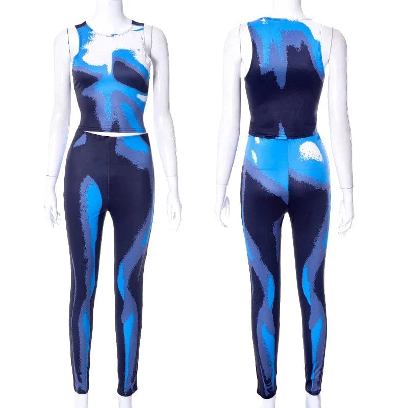 M / #1 Blue K22ST591 New model 2024 spring two piece set fashion printed american clothing bodycon pants sleeveless t shirts women's sets