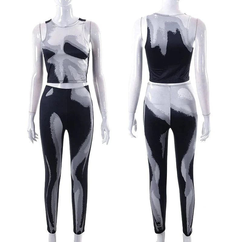 M / #1 Gray K22ST591 New model 2024 spring two piece set fashion printed american clothing bodycon pants sleeveless t shirts women's sets