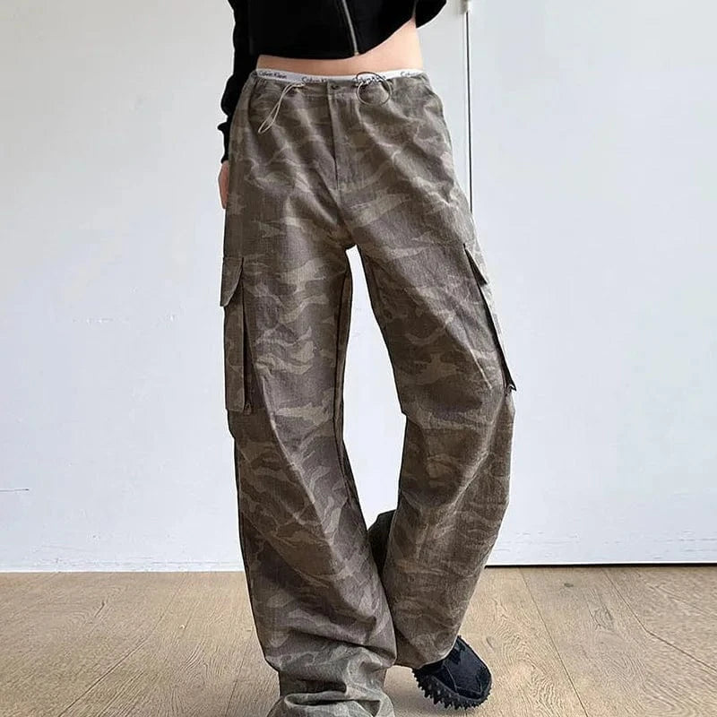 M / 2 2024 Large Pocket Camouflage Elastic Waistband And Double Layer Straight Tube Casual Cargo Pants
