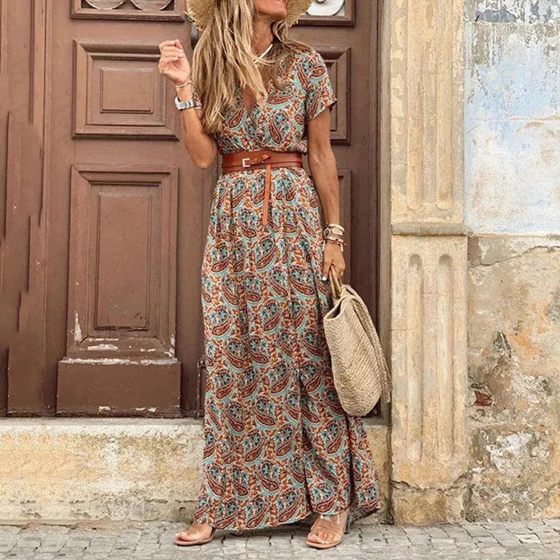 M / 2 2024 Spring and Summer Explosion Bohemian Printed V-Neck Floral Dress Seaside Beach Vacation Dresses