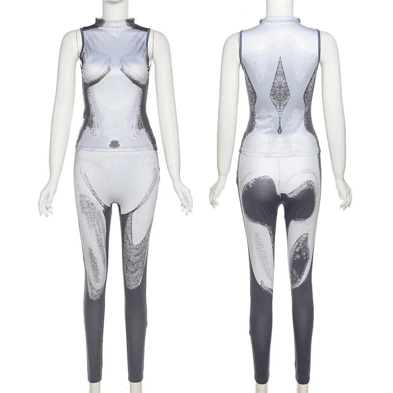 M / #2 Gray K22ST591 New model 2024 spring two piece set fashion printed american clothing bodycon pants sleeveless t shirts women's sets