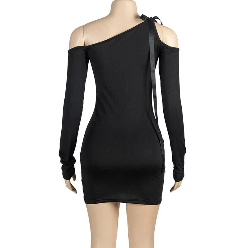 M / 2 J&H 2 2024 trendy Solid Color Slanted Neck Lace Up Off Shoulder Long Sleeve Slim Fit party evening bodycon mini Dress