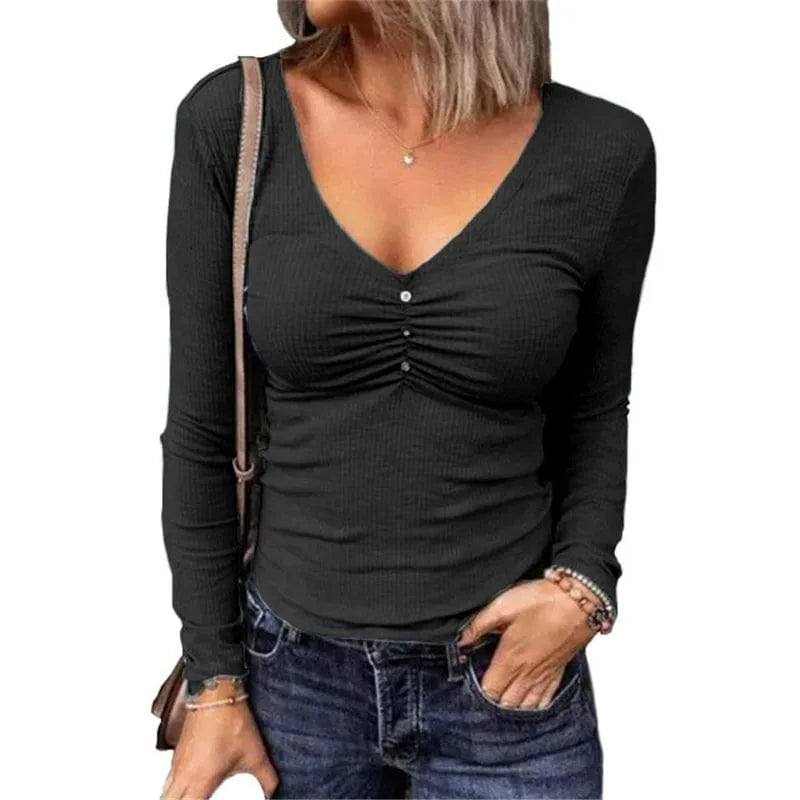 M / 3 2024 New Design Long Sleeve V Neck Ribbed Knit Crop Top T-Shirts Women