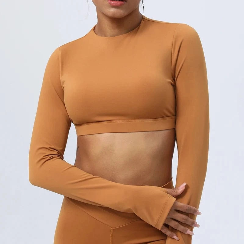 M / 3 2024 New Women Long Sleeve Removable Pad Back Hollow Out Crop Top Stretch Workout Clothes Quick Dry Gym Wear Shirt For Women