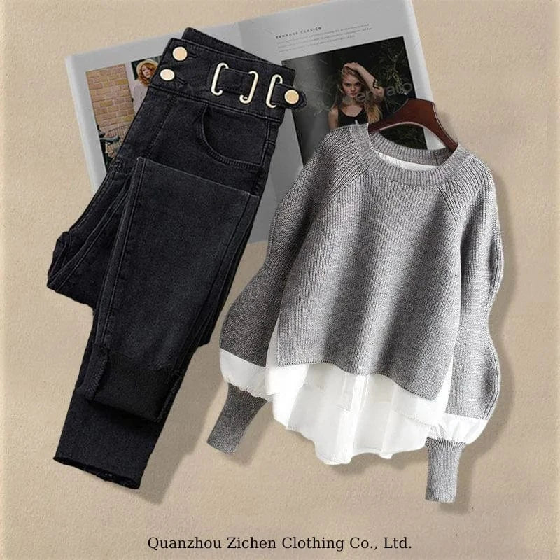 M / 3 Large Spring and Autumn Women's Suit 2023 New Korean Fashion Fake Two-piece Shirt Top Slim Casual Jeans Two-piece Set