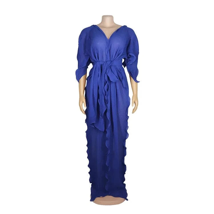 M / 4 J&H 2024 Half Sleeve Ruched Lace Up African Women's Dress Sexy V-Neck Pleated Ruffled Edge Pearl Chiffon Dress
