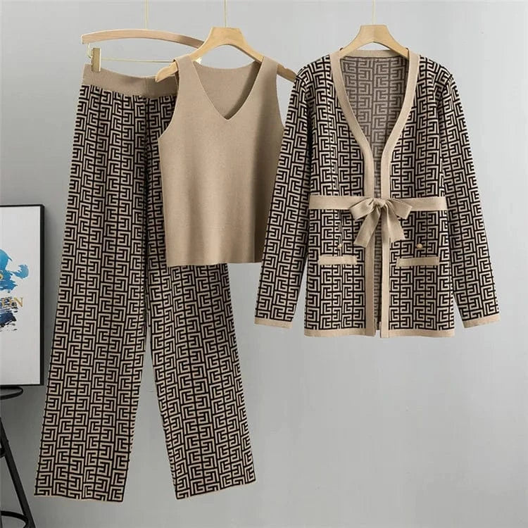M / Apricot High Quality Boutique Wholesale 2024 Autumn New Casual Shawl Coat V-neck Bottom Knitted Shirt Wide Leg Pants Women 3 Pieces Set