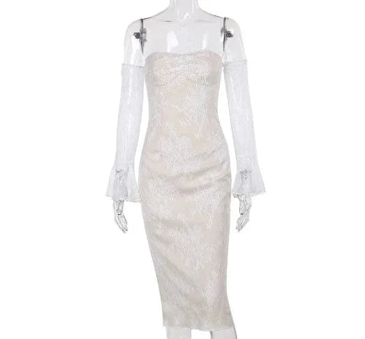 M / Apricot Liu Ming New Arrivals 2024 Spring Sexy Women Long Sleeve Off Shoulder Lace Party Evening Bodycon Dress