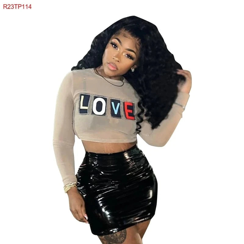 M / Apricot / Spandex / Polyester Bomblook R23TP114 Autumn Letter Print Crop Mesh Long Sleeve T Shirt T Shirt Tops For Women 2024