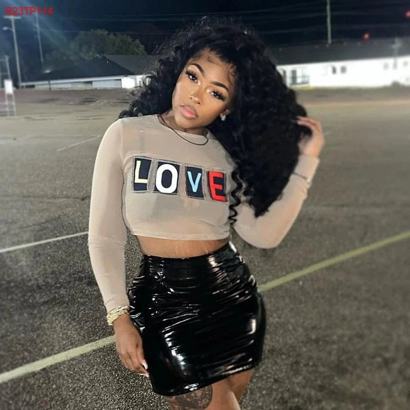 M / Apricot / Spandex / Polyester Bomblook R23TP114 Autumn Letter Print Crop Mesh Long Sleeve T Shirt T Shirt Tops For Women 2024