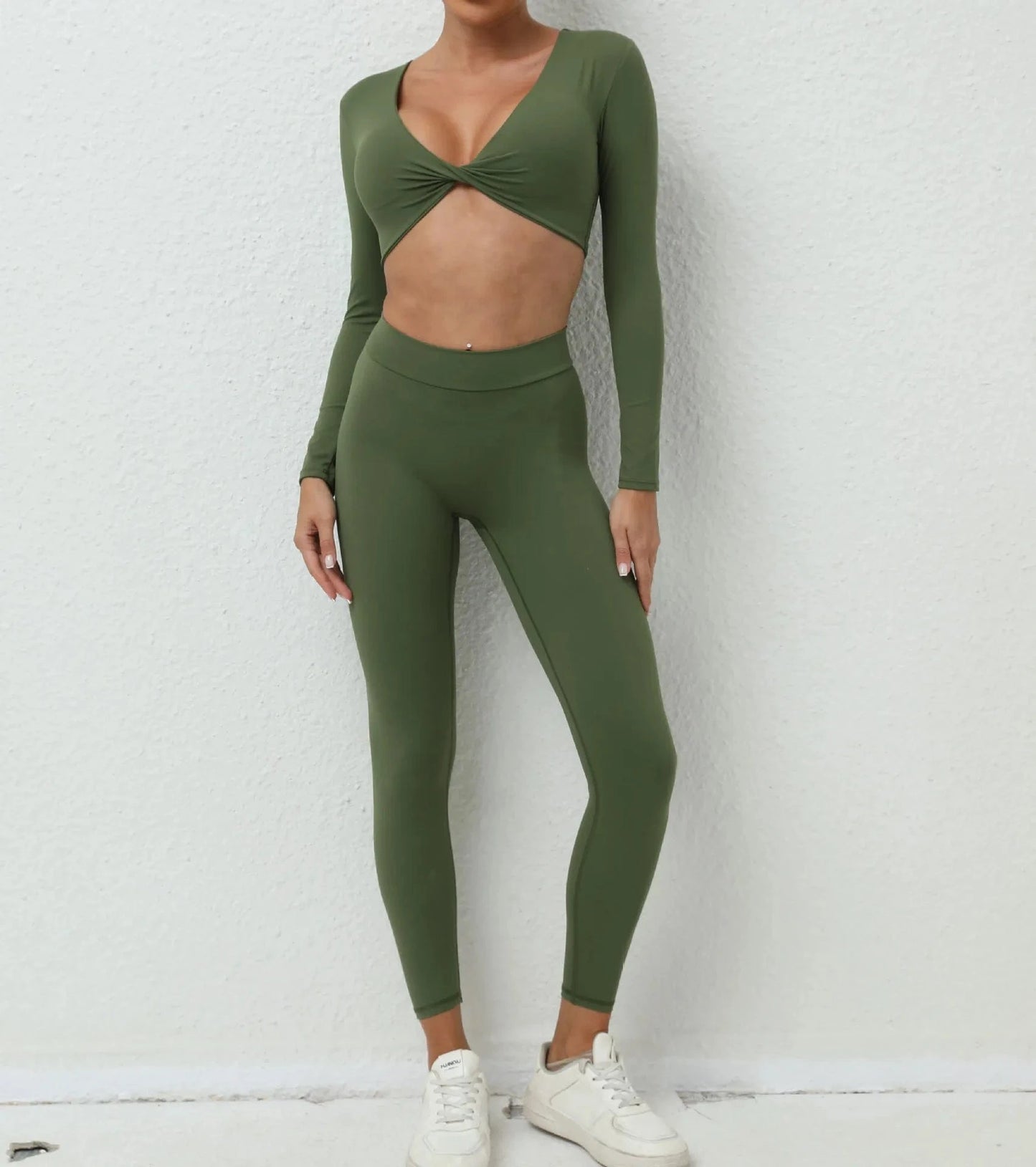 M / Army Green 2024 spring trendy usa quick dry gym fitness sets yoga v neck crop top two piece pants set