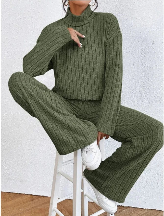 M / Army Green Casual Warm Loose Floor-length Sweater Pants for Women Autumn Winter High Waist Wide Leg Knitted Trousers Femme 2024