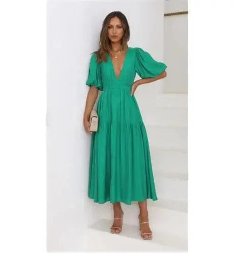 M / Army Green Women 2024 Puff Sleeve Deep V Neck Long Dresses Summer For Woman Sexy Green Women's Dress Summer Royal Blue