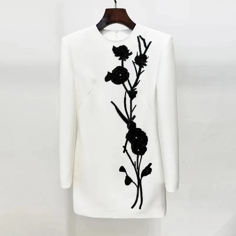 M / as pic 2024 fall new star fashion 3D black flower women's clothing studded long sleeve short white evening dresses