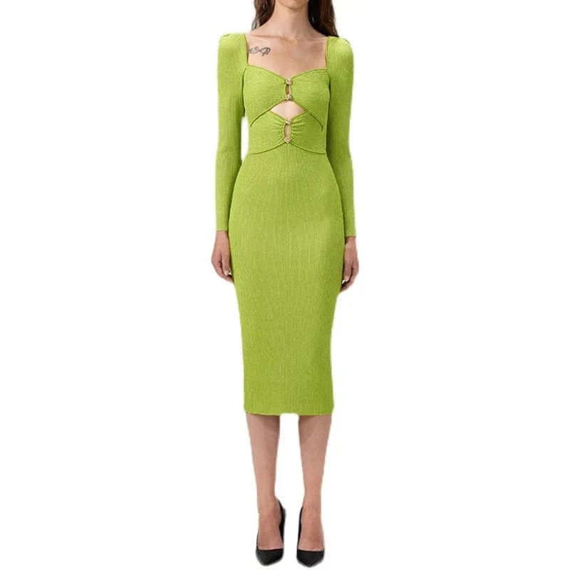 M / as the picture 2024 Sexy Low Neckline Hollow Out Lady Spring Stitching Slim Fitted Long Sleeve Women Midi Solid Knit Dress