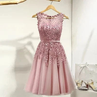 M / Bean Paste Cocktail Dress Little Appliques Beading Pink Wedding Formal Dresses Flowers Illusion Knee Length Party Gown