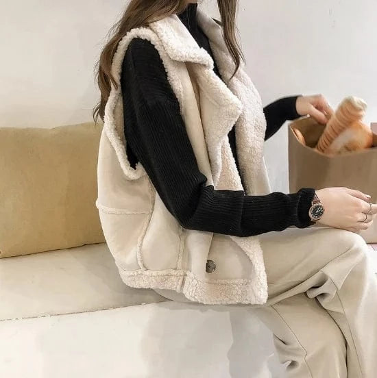M / Beige Liu Ming Popular Product 2024 Korean Fashion Women Winter Sleeveless Faux Lamb Wool Vest Tops Outerwear Jackets Coats
