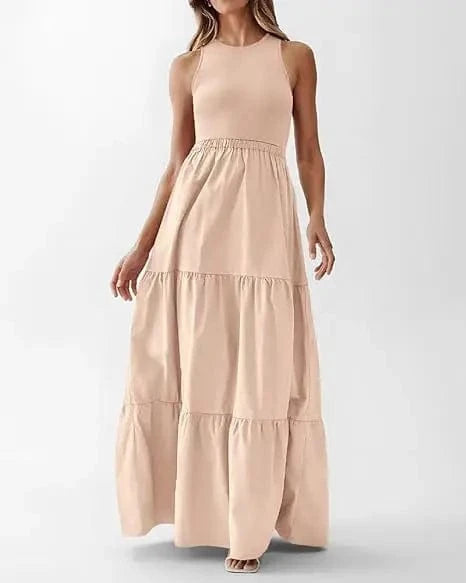 M / Beige Women Sleeveless Dress with Round Neck Swing Maxi Dress Polyester Long Skirt Crew neck patchwork pit strip sleeveless vest dress