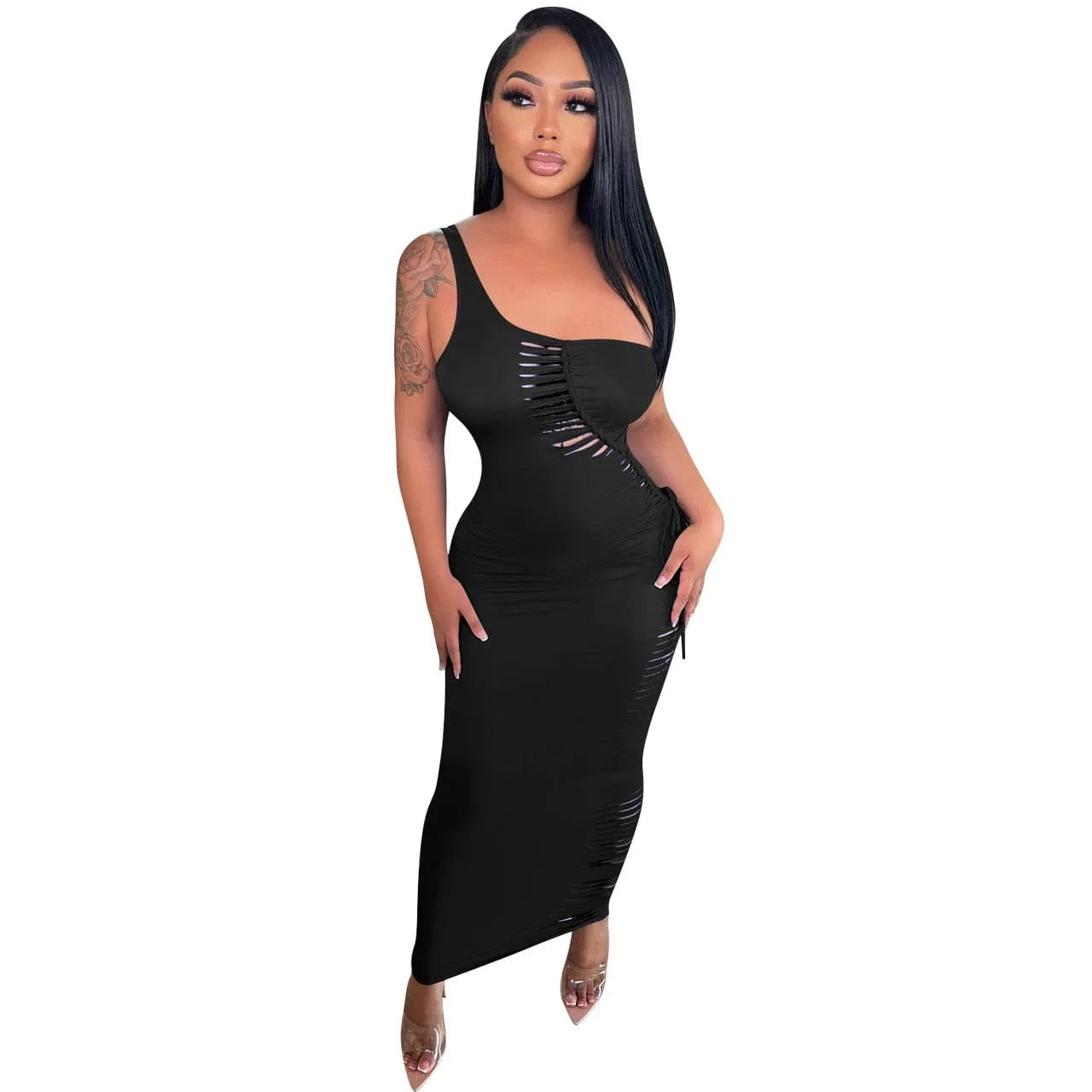 M / Black 2023 Summer Black Y2k Cut Out Long Dress Hollow Sexy Bodycon Dress Women's Clothing