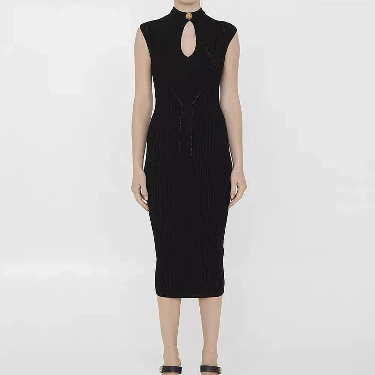 M / Black 2024 new arrivals spring collection women stand collar sleeveless long casual knitted sweater dresses