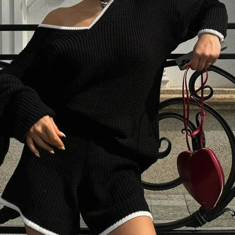 M / Black 2024 New European and American fashion suit loose long sleeve wide collar blouse casual shorts two-piece set