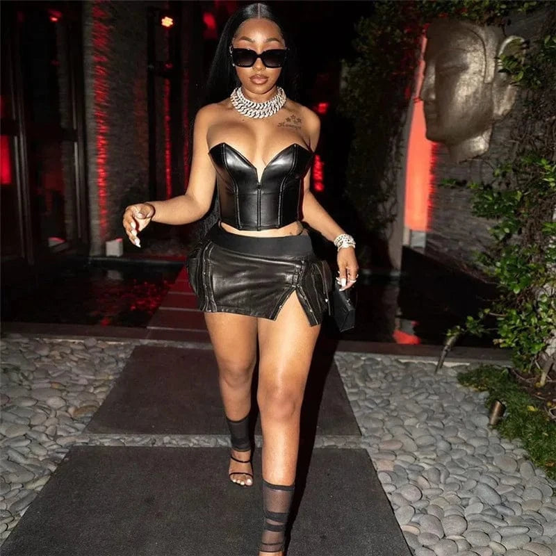 M / Black 2024 New Summer Women 2pcs Pu Dress Set Solid Color Off Shoulder Sleeveless V Neck Crop Top+pocket Metal Buckle Mini Skirt