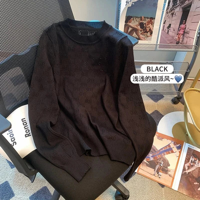 M / Black 2024 spring and autumn new crew-neck pullover sweater women loose luxury brand designer sweater hollow-out sweater top