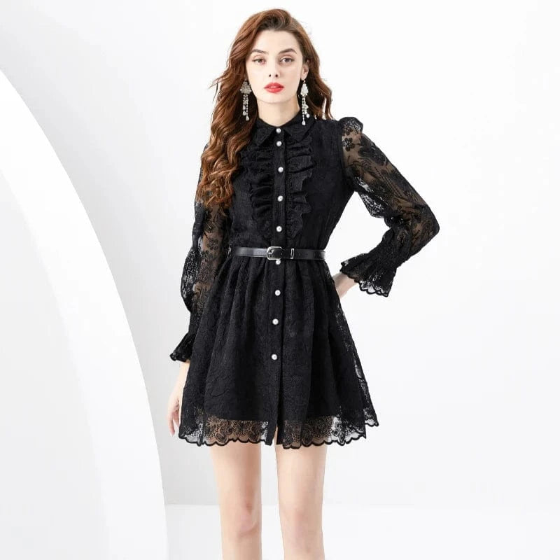M / Black 2024 Spring/Summer Vacation Style Retro Polo Collar Single breasted Lace Embroidered Wide Swing Short Mini Dress KL6278088
