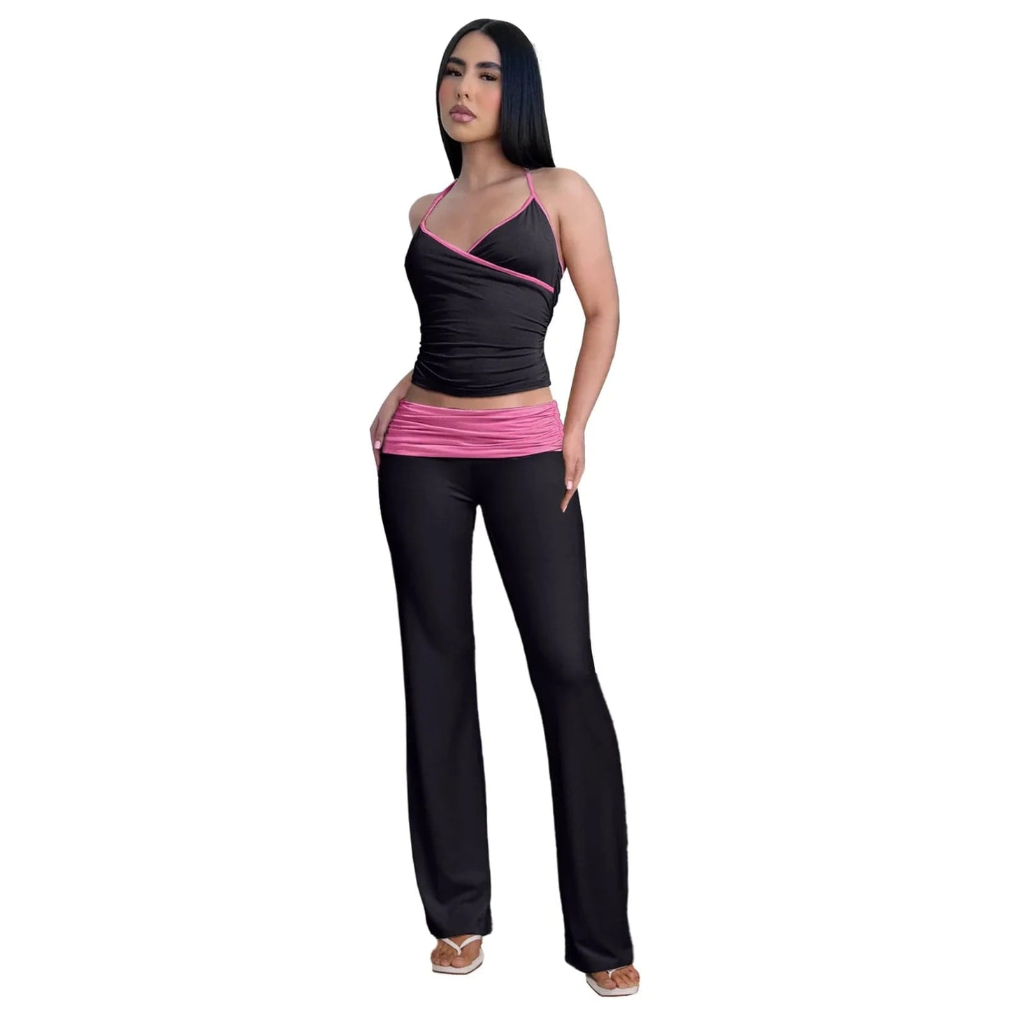 M / Black 2024 Spring Women's Two Piece Suits Y2k Style Streetwear Clothing Set Square Collar Crop Tops Flare Pant Set