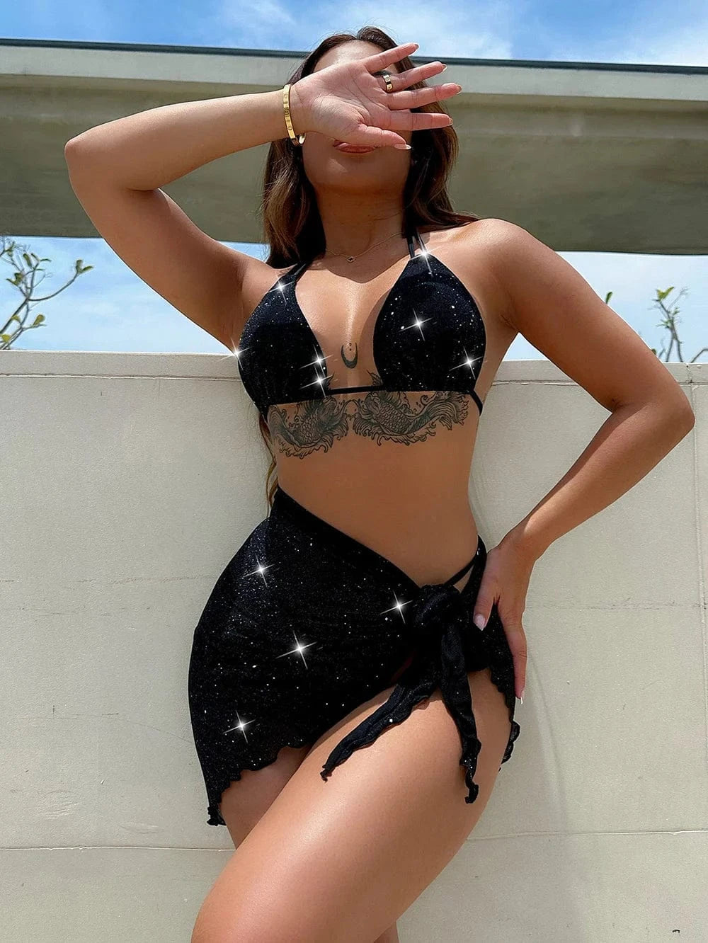 M / Black 2024 Summer Black Shiny Three Pieces Halter Bikini Set With Mesh Skirt Swimsuit Women Push Up Swimwear Bathing Suits Biquini