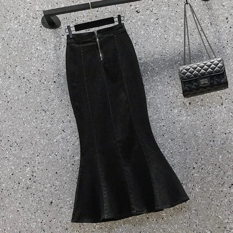 M / Black 2024 Summer Women High Waist Denim  Ruffle Skirt Slimming Elastic Slit Wrap Buttocks Fishtail Solid Color Midi Long Skirt