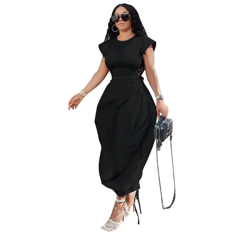 M / Black 2024 summer women modest free chic casual lounge short sleeve solid color maxi long plain tee t dress for women ladies long