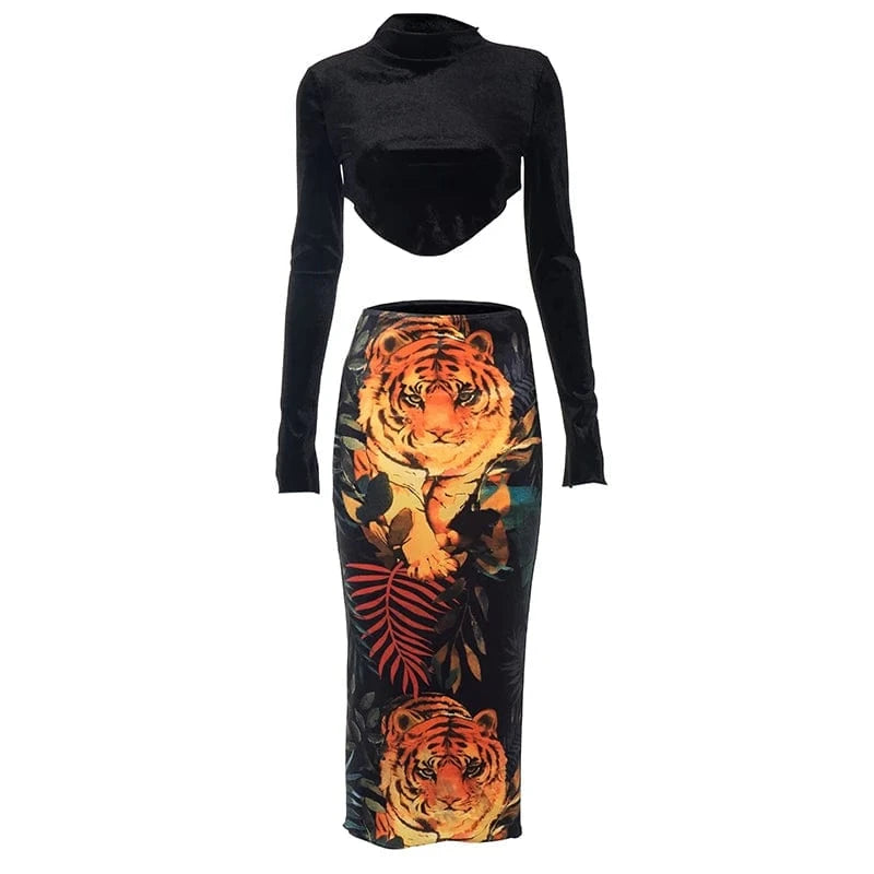 M / Black Bomblook R23ST103 Fashion Outfits 2024 Spring Velvet Irregular Top Fit Women Tiger Print Midi Skirt Sexy For Women 2 Pieces Sets