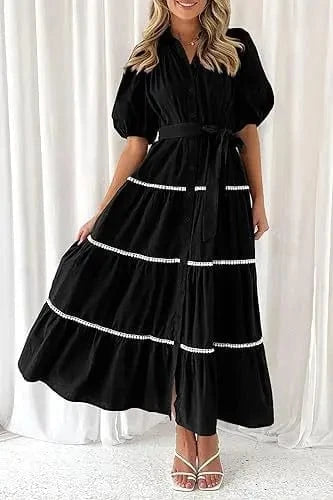 M / Black Casual Loose Lace up Short Puff SLeeve Dresses for Summer Women's Dress 2024 New V-neck Solid High Waist Maxi Shirt Dress Woman