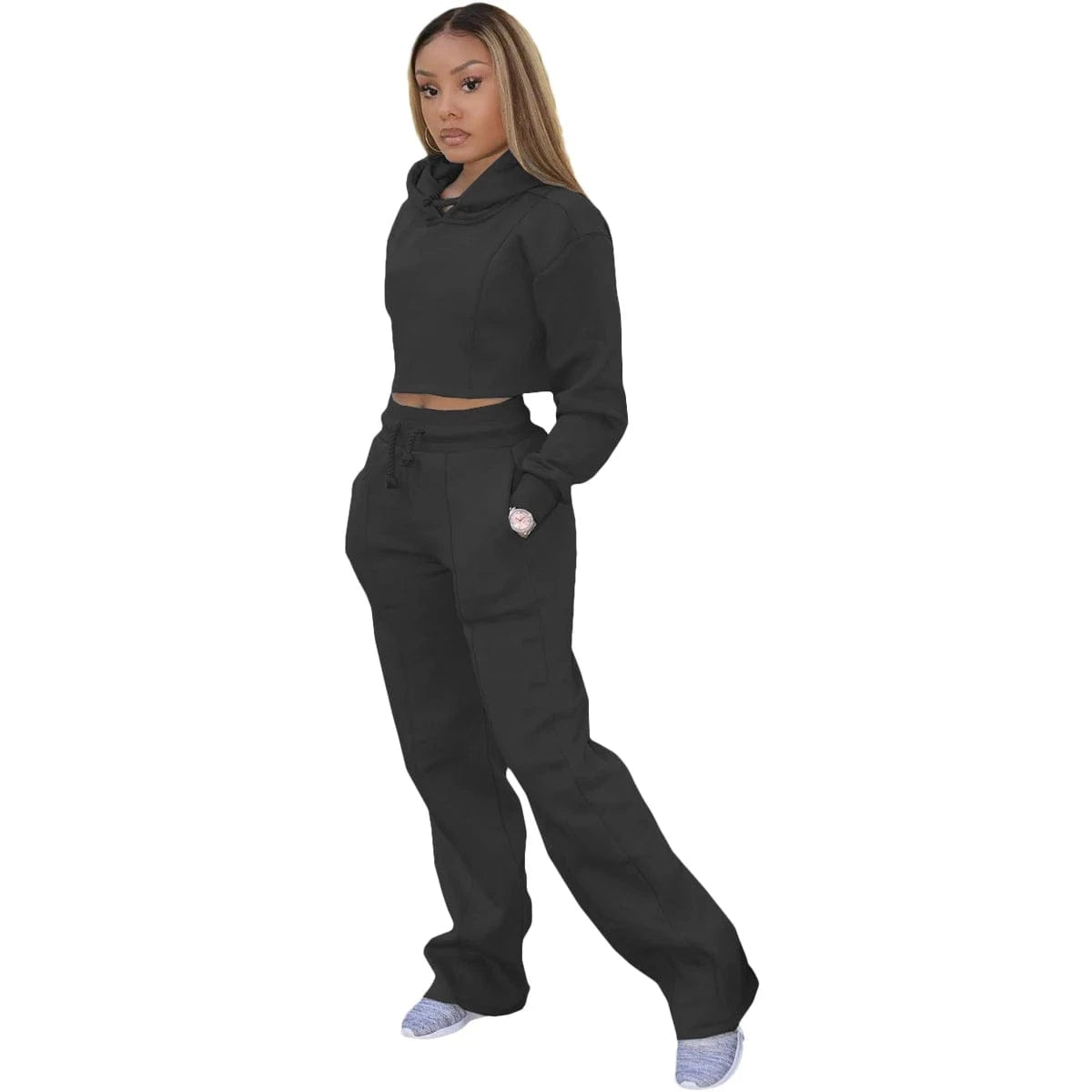 M / Black Casual sports suit women autumn and winter new loose long-sleeved sweater two-piece