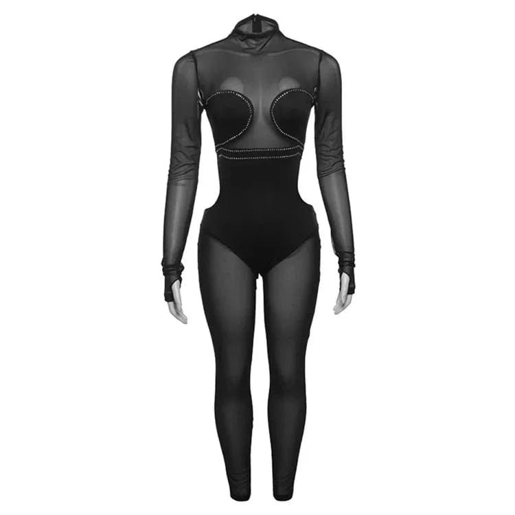 M / Black Crystal Women 2024 Spring Autumn Sexy Long Sleeve Party Club Mesh See Through Bodycon Black Jumpsuit